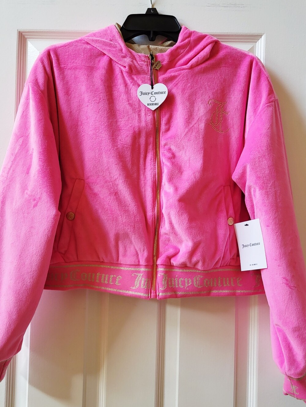 Juicy Couture Reversible Velour Jacket Women’s Size L Pink Gold Metallic Cropped